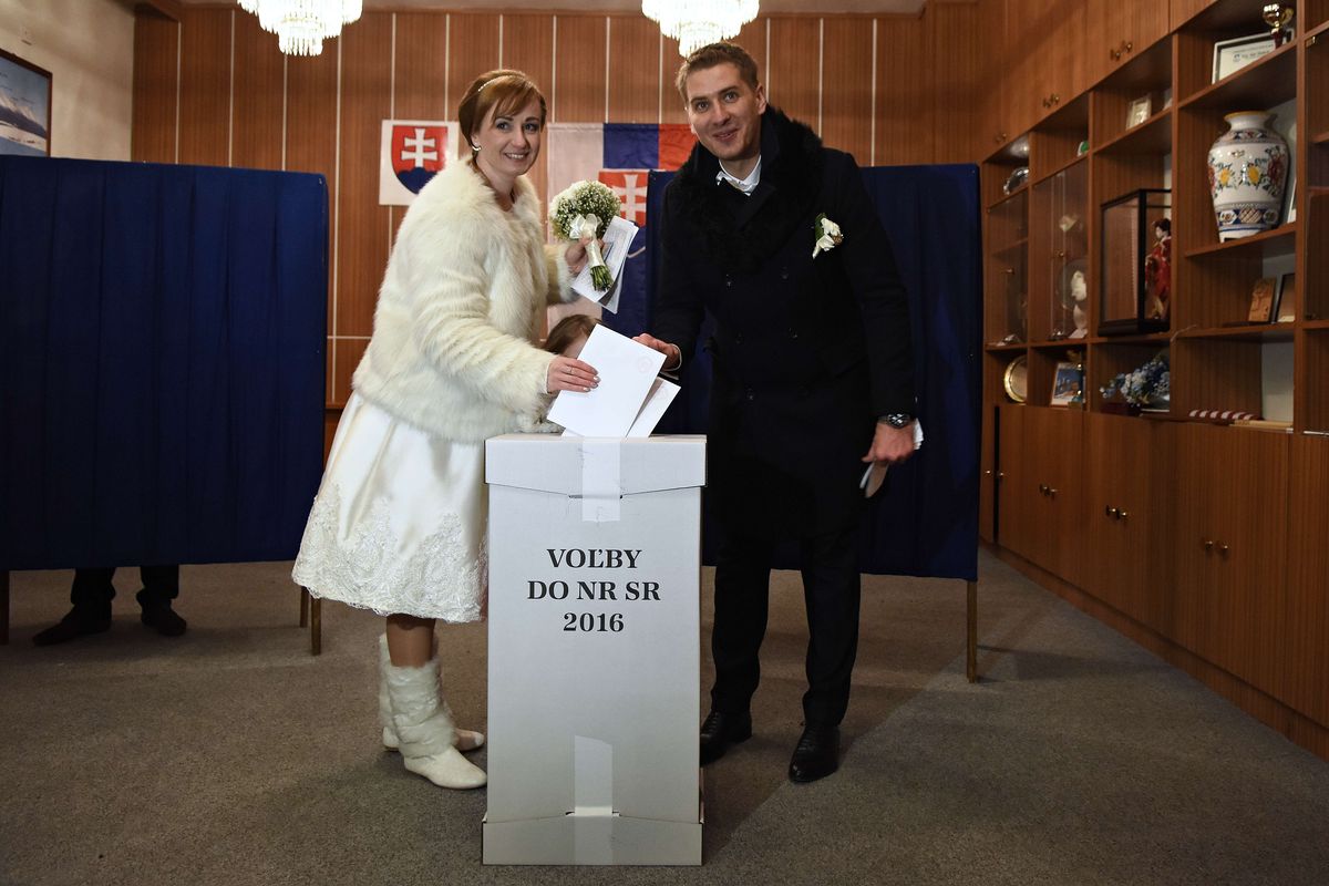 Fresh Newlyweds Vote during Wedding in Stary Smokovec