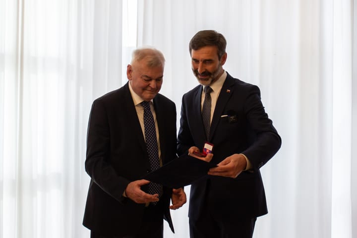 Blanar Presents Minister's Gold Medal to Ice-hockey Coach Vujtek in Prague